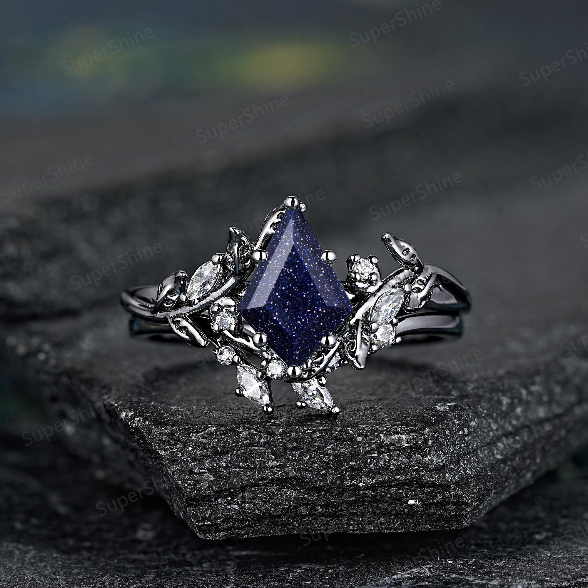 Kite Cut Galaxy Blue Sandstone Engagement Ring Set Nature Inspired