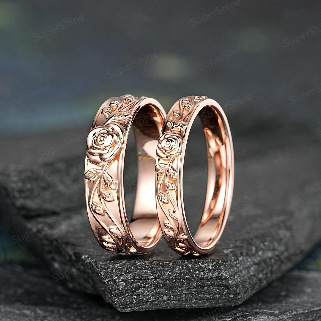 Romantic Rose Couple Ring Set Nature Inspired Leaf Floral Matching