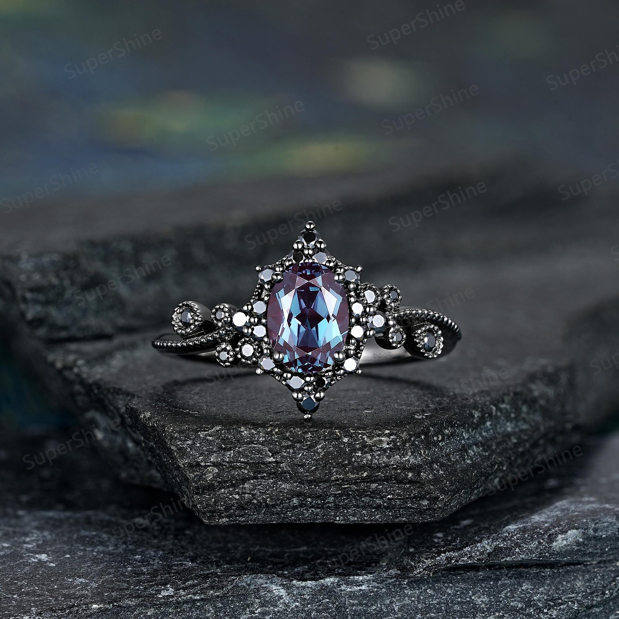 Alexandrite Couple Ring Set Black Gold Gothic Anniversary Ring for