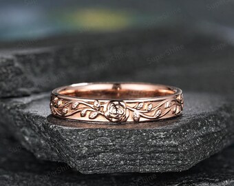 Romantic Rose Couple Ring Set Nature Inspired Leaf Floral Matching