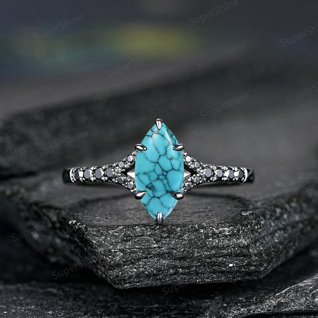 Marquise Cut Turquoise Engagement Ring Black Gold Split Shank Wedding ...