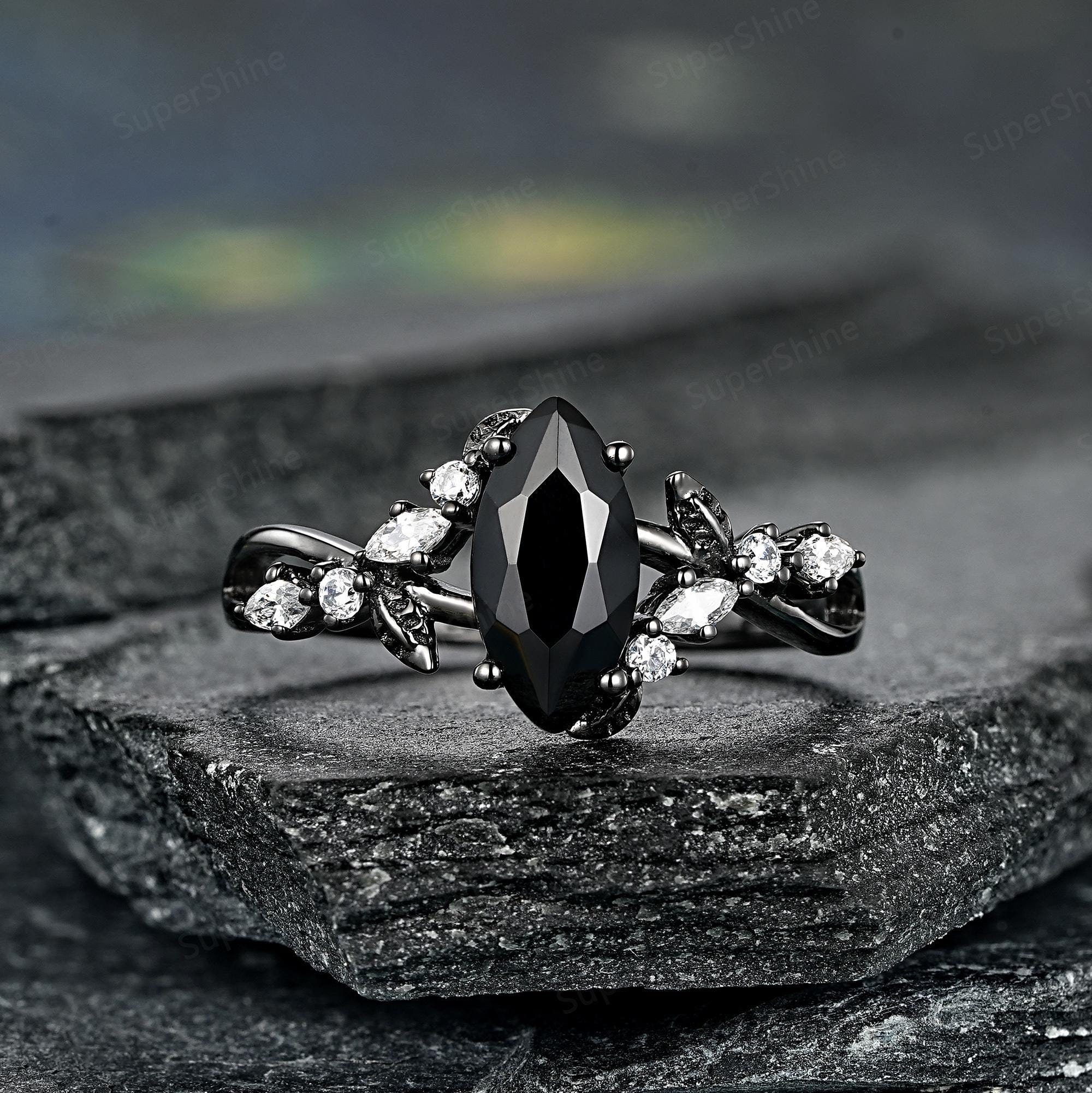Marquise Cut Black Onyx Engagement Ring, Gothic Black Gold Leaf