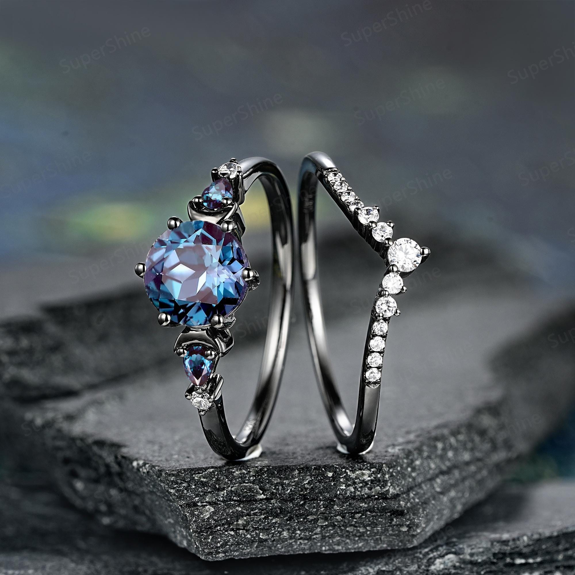 Round Alexandrite Engagement Rings Set Black Gold Sailor Moon
