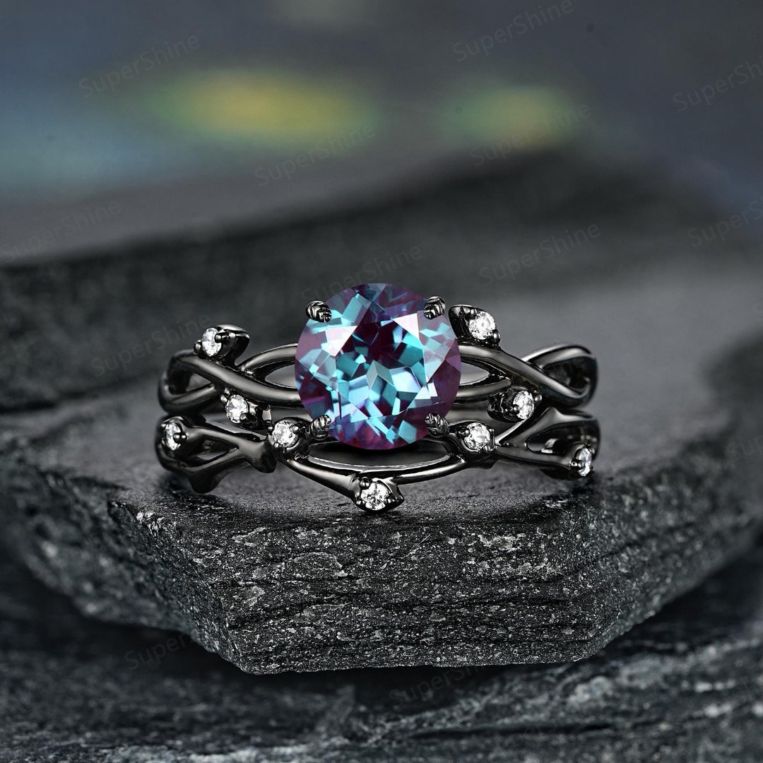 Round Alexandrite Engagement Ring Set Gothic Black Gold Women