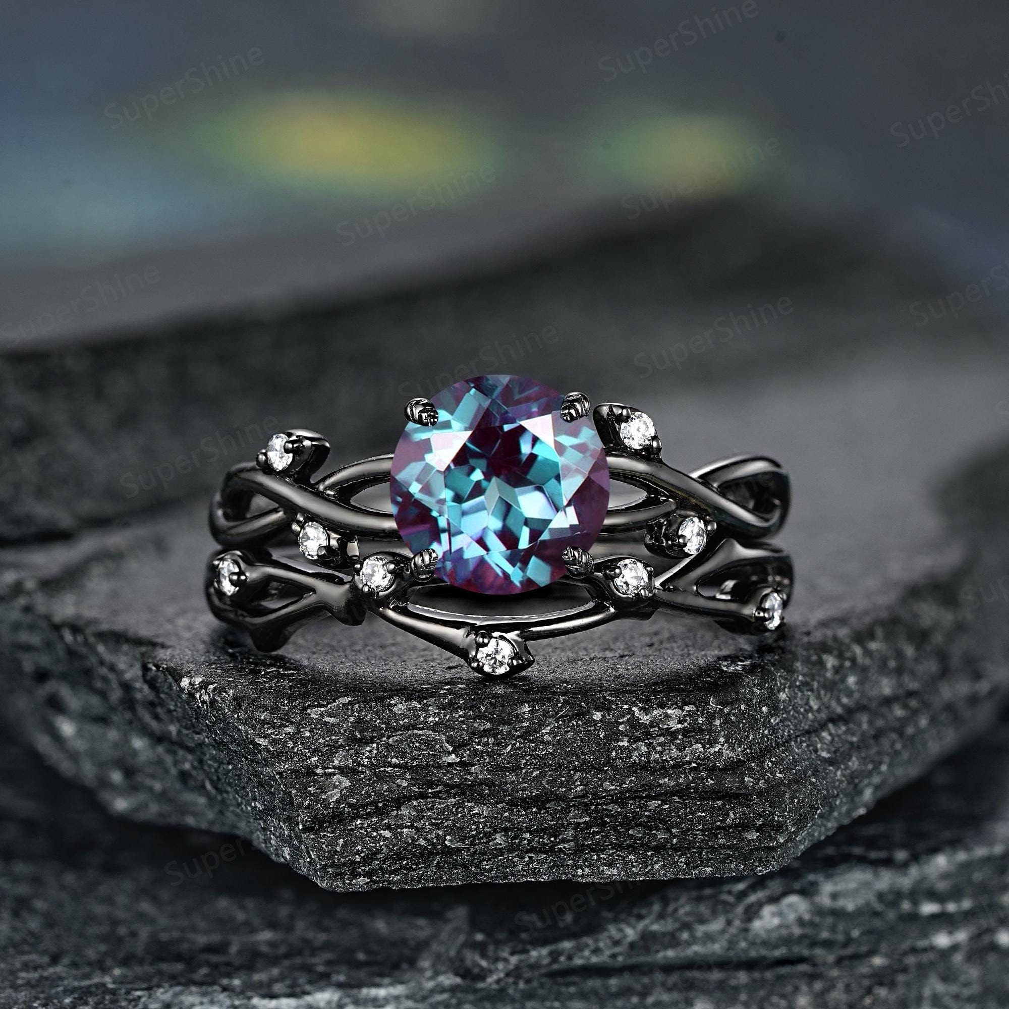 Round Alexandrite Engagement Ring Set Gothic Black Gold Women