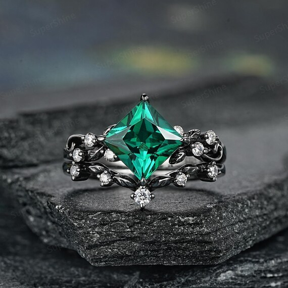 Black Gold Princess Cut Emerald Engagement Ring Set Custom Leaf