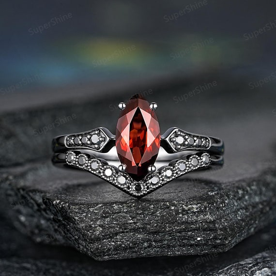 Marquise Cut Garnet Engagement Ring Set Gothic Black Gold Milgrain