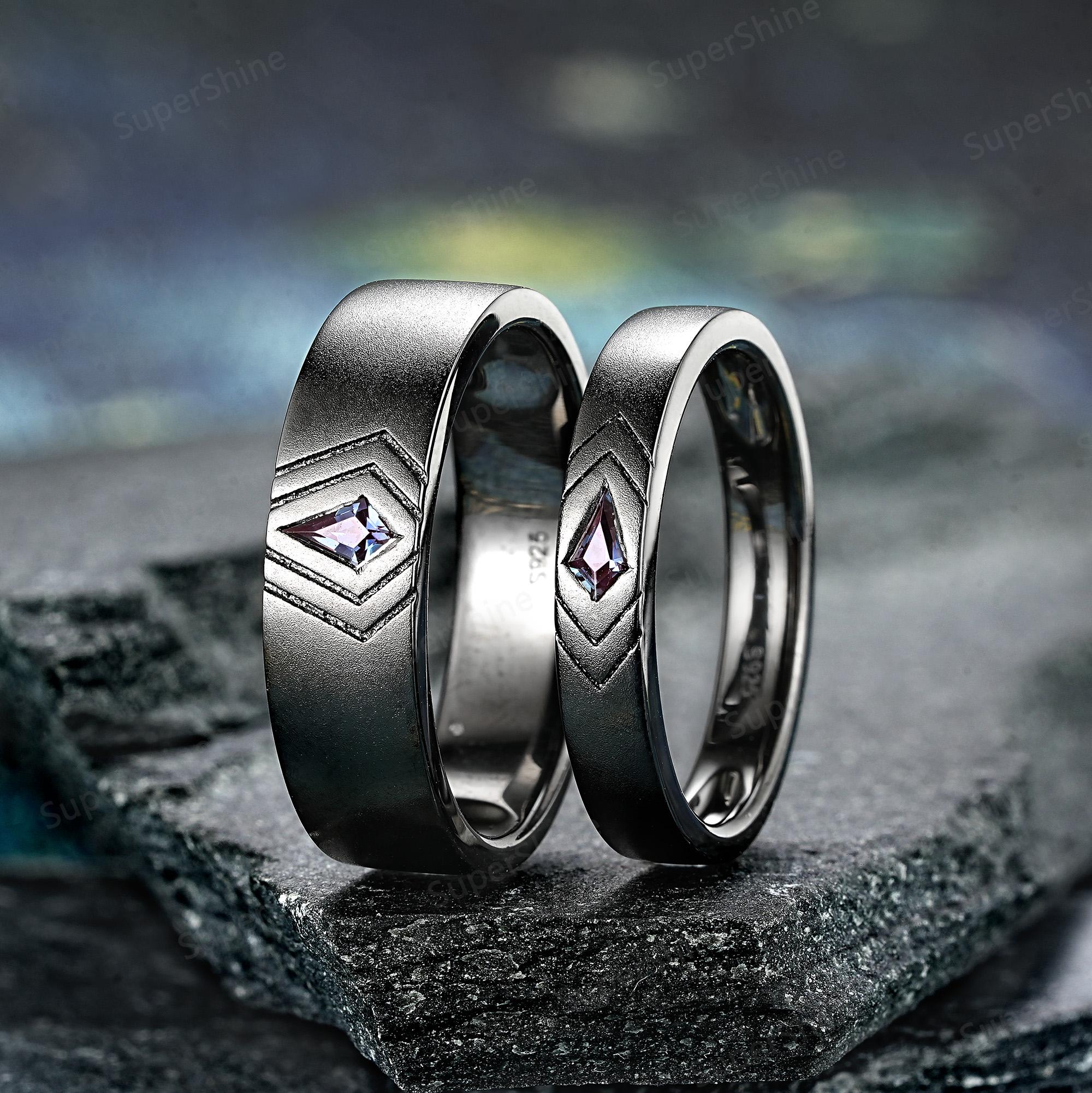 Black Gold Kite Cut Alexandrite Couple Rings Set, Minimalist