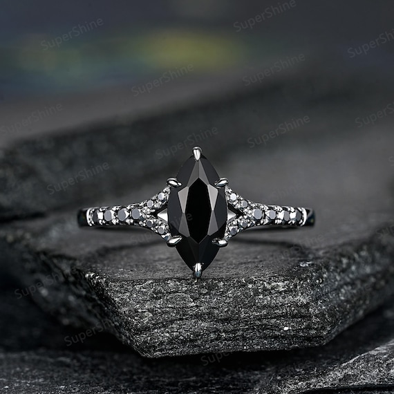 Marquise Cut Black Moissanite Engagement Ring Gothic Split Shank
