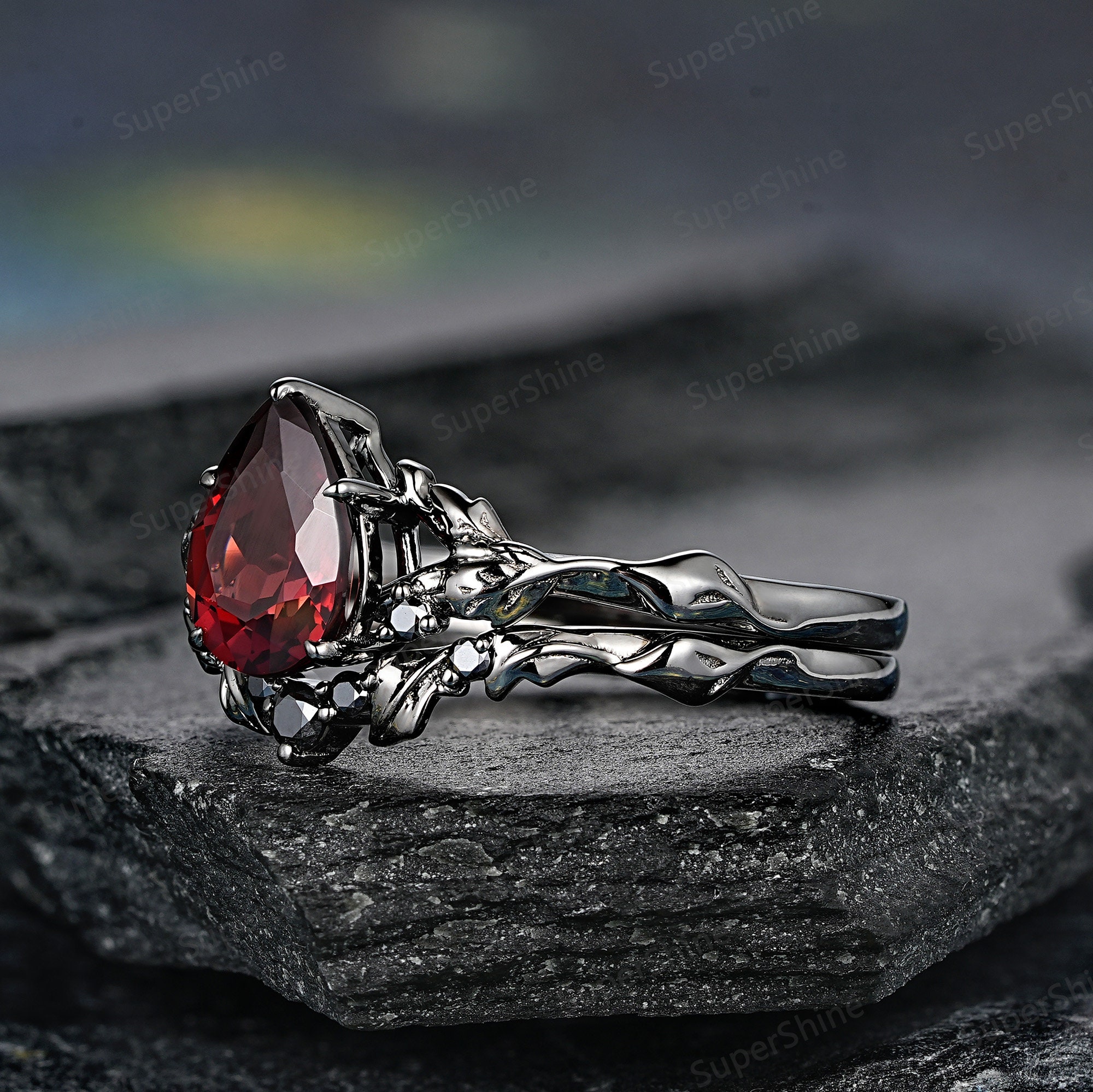 Black Gold Pear Garnet Engagement Ring Set, Nature Inspired Leaf 
