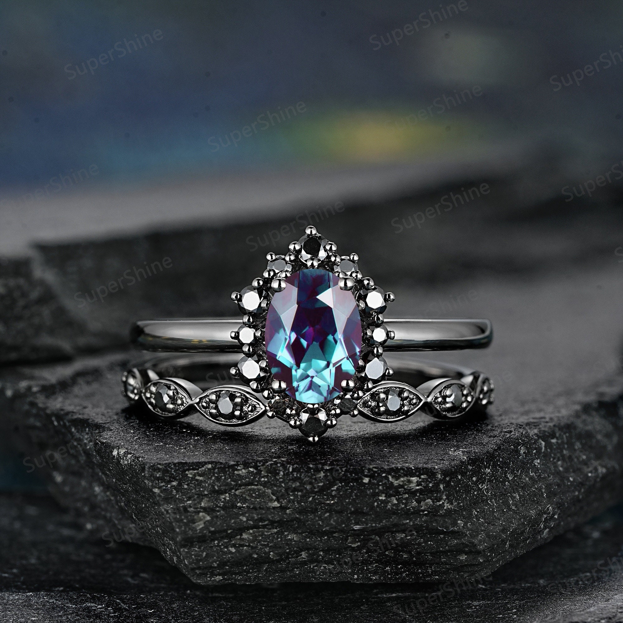 Black Gold Oval Alexandrite Straight Engagement Ring Set Gothic