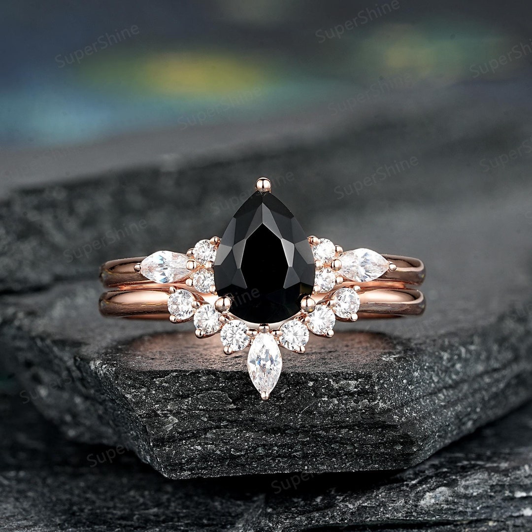 Pear Shape Black Onyx Engagement Ring Set, 14k Gold Moissanite