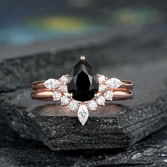 Pear Shape Black Onyx Engagement Ring Set, 14k Gold Moissanite