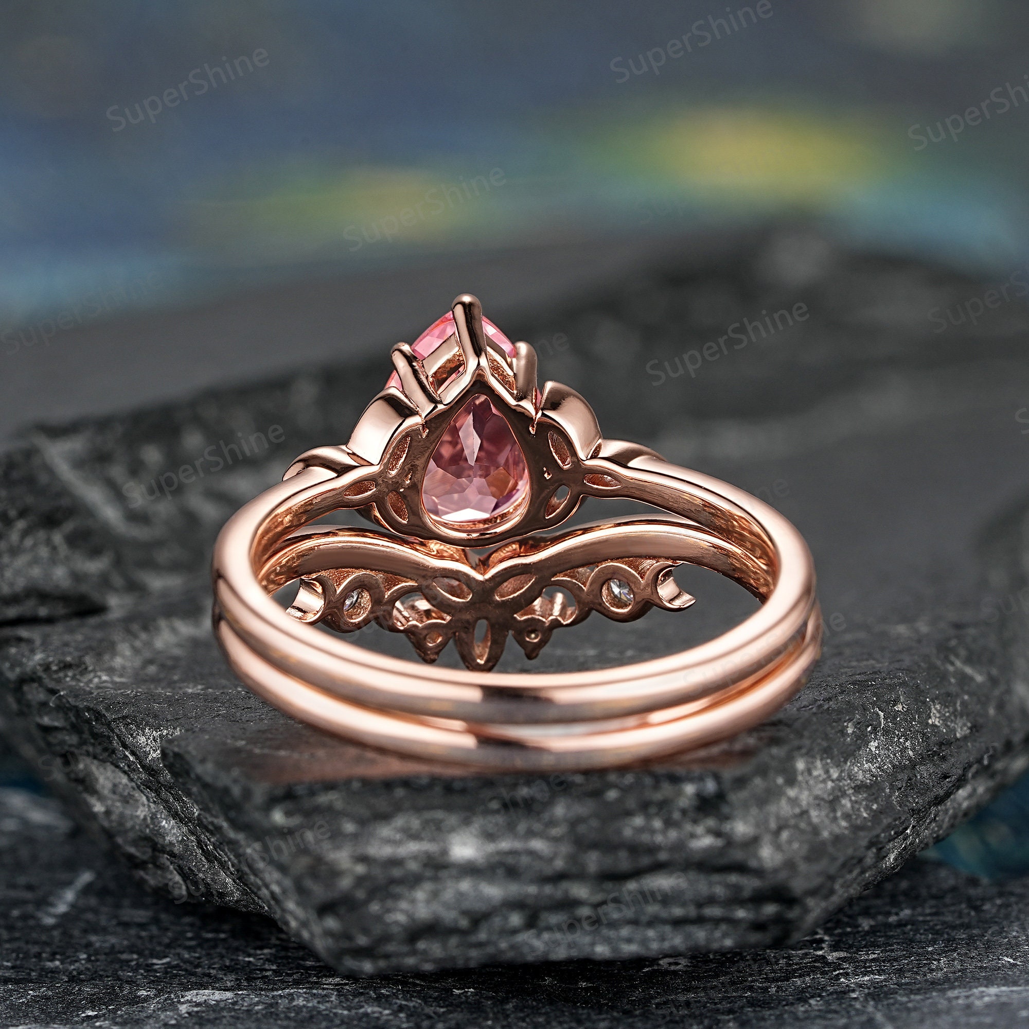 Pear Pink Sapphire Engagement Ring Set Solitaire Celtic Knot