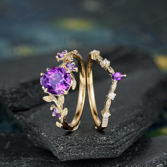 Round Amethyst Wedding Ring Set Custom Yellow Gold Amethyst
