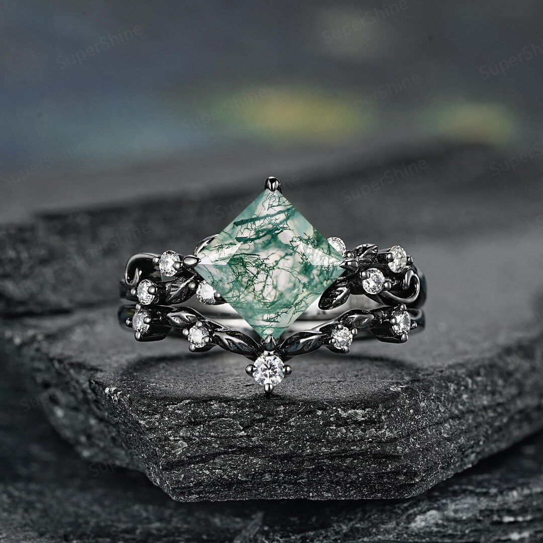 Princess Cut Moss Agate Engagement Ring Set Black Gold Leaf Nature