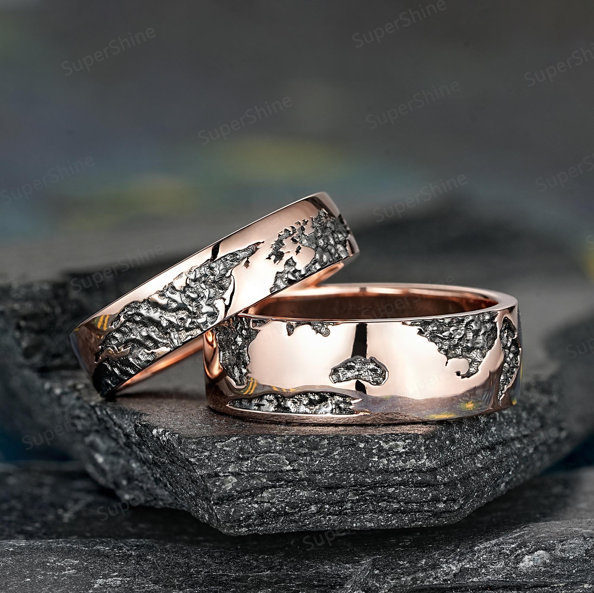 Travel Rings Set 14k Rose Gold World Map Couple Rings Set Unique Two Tones Match ...