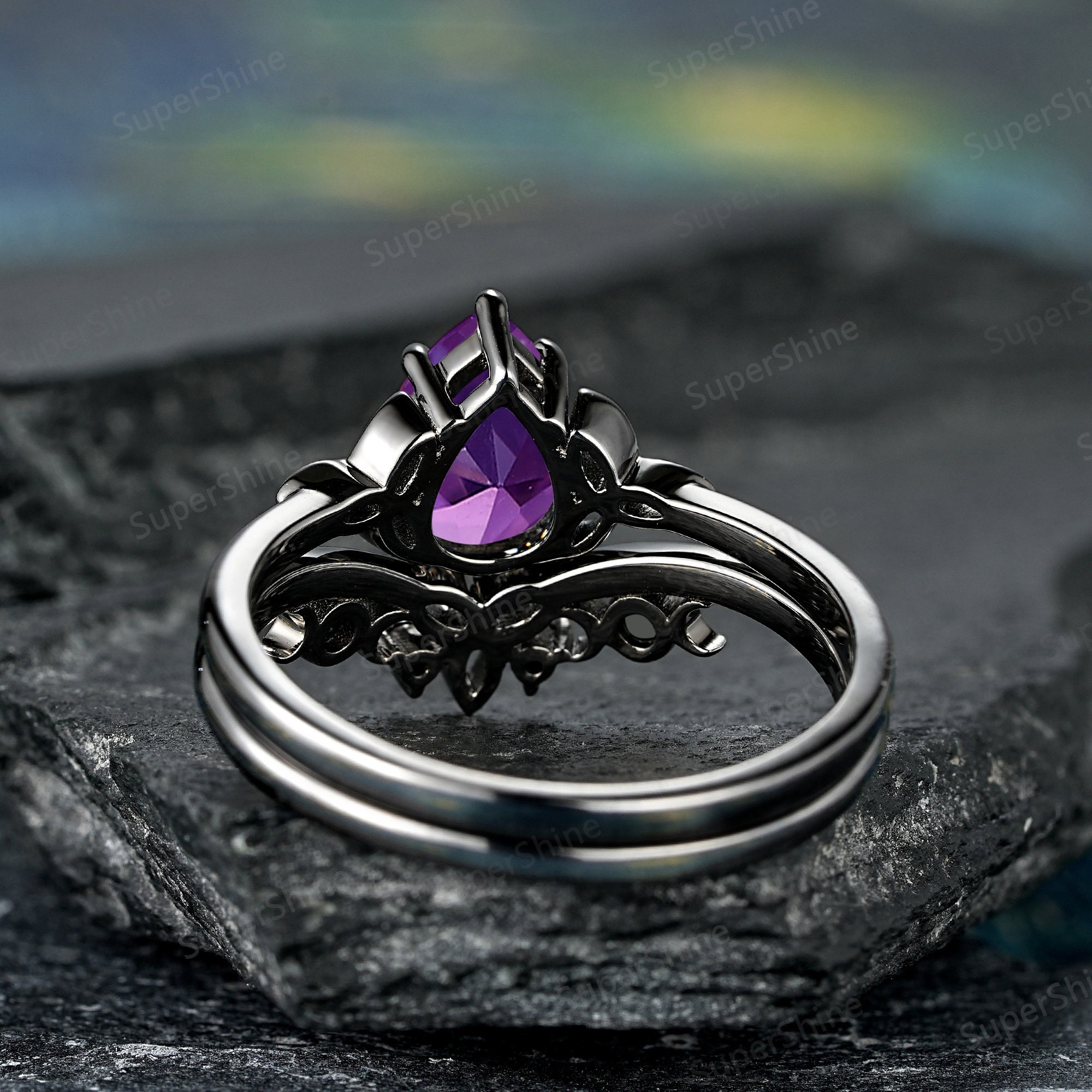 Black Gold Pear Amethyst Engagement Ring Set Celtic Knot Wedding