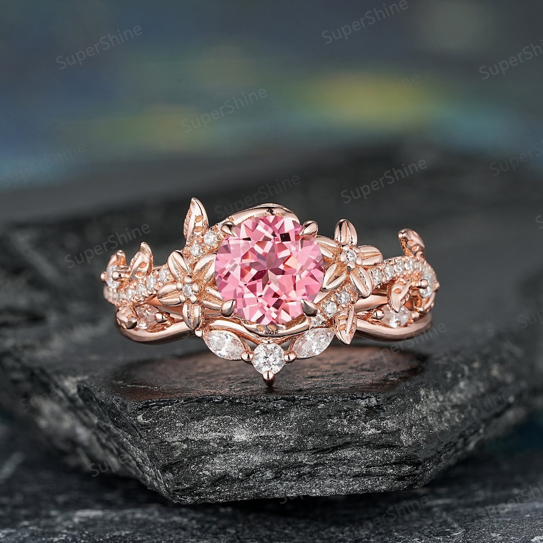指輪・リング Pink sapphire Round Pink Sapphire Engagement Ring Set Vintage Moissanite Leaf