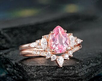 Pear Shaped Pink Sapphire Engagement Rings Set Marquise