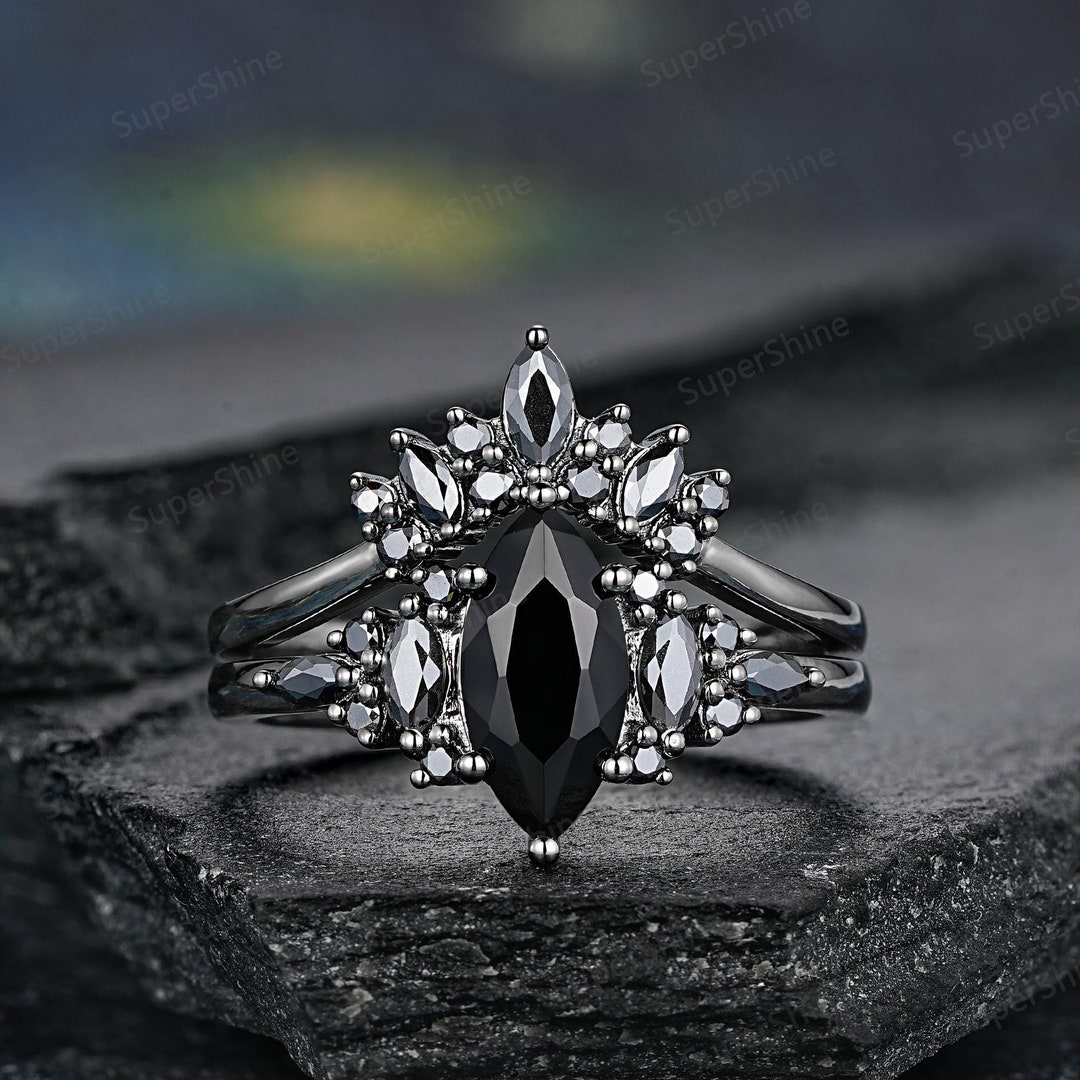 Marquise Cut Black Onyx Engagement Ring Set Unique Black Onyx