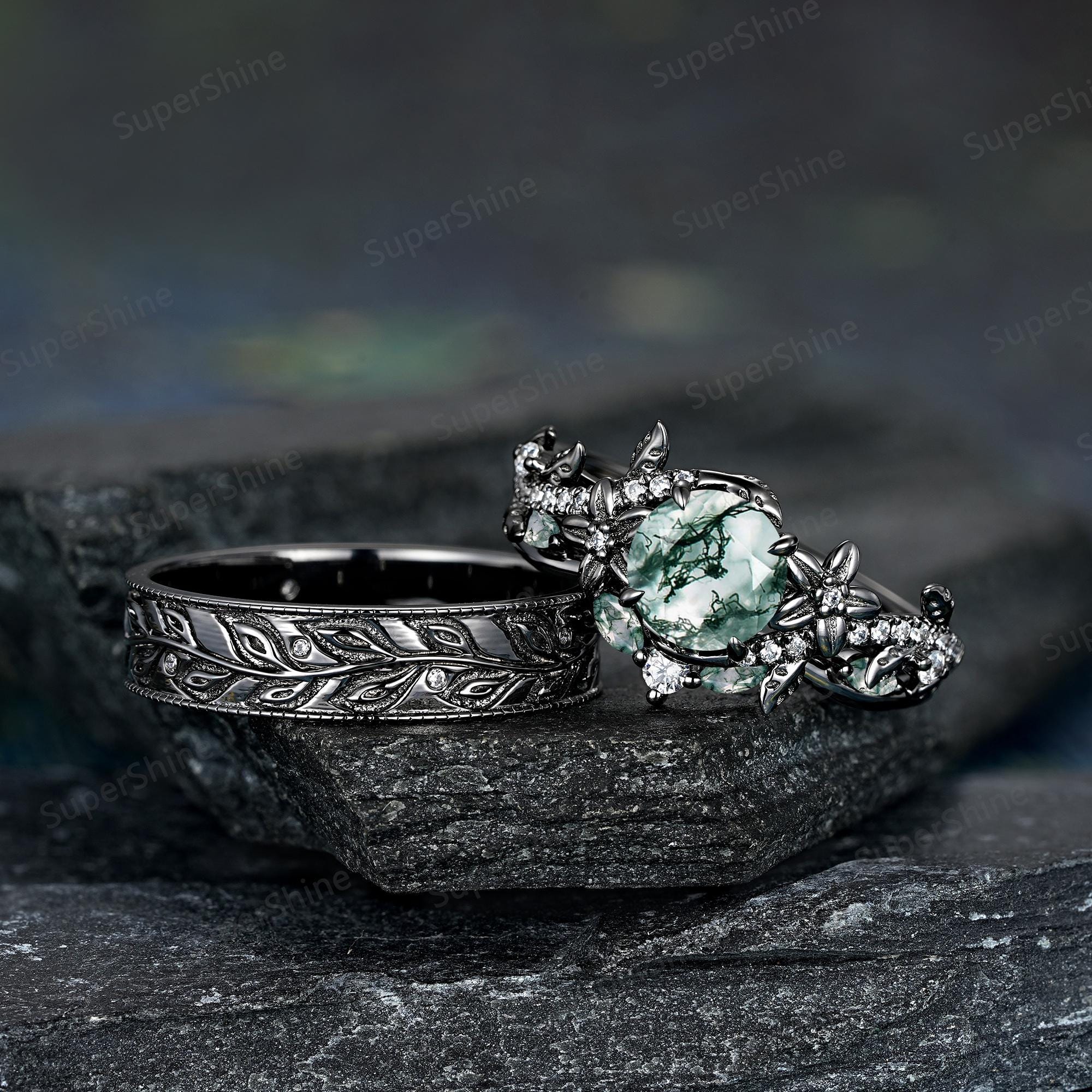 Black Gold Moss Agate Couple Ring Set Leaf Floral Nature Wedding
