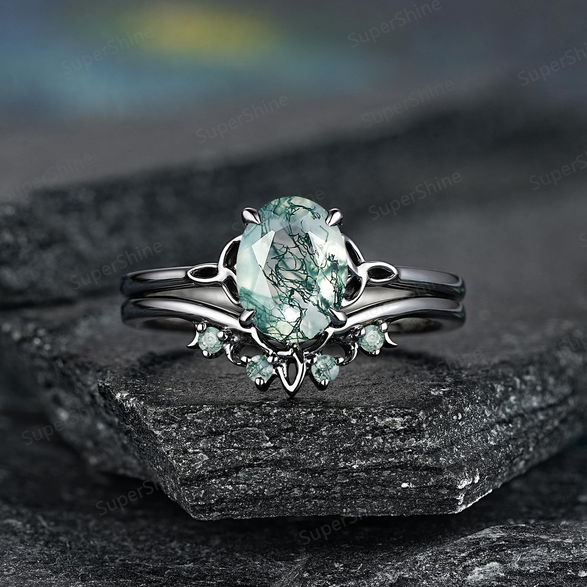 Oval Nature Moss Agate Engagement Ring Set Black Gold Celtic Knot