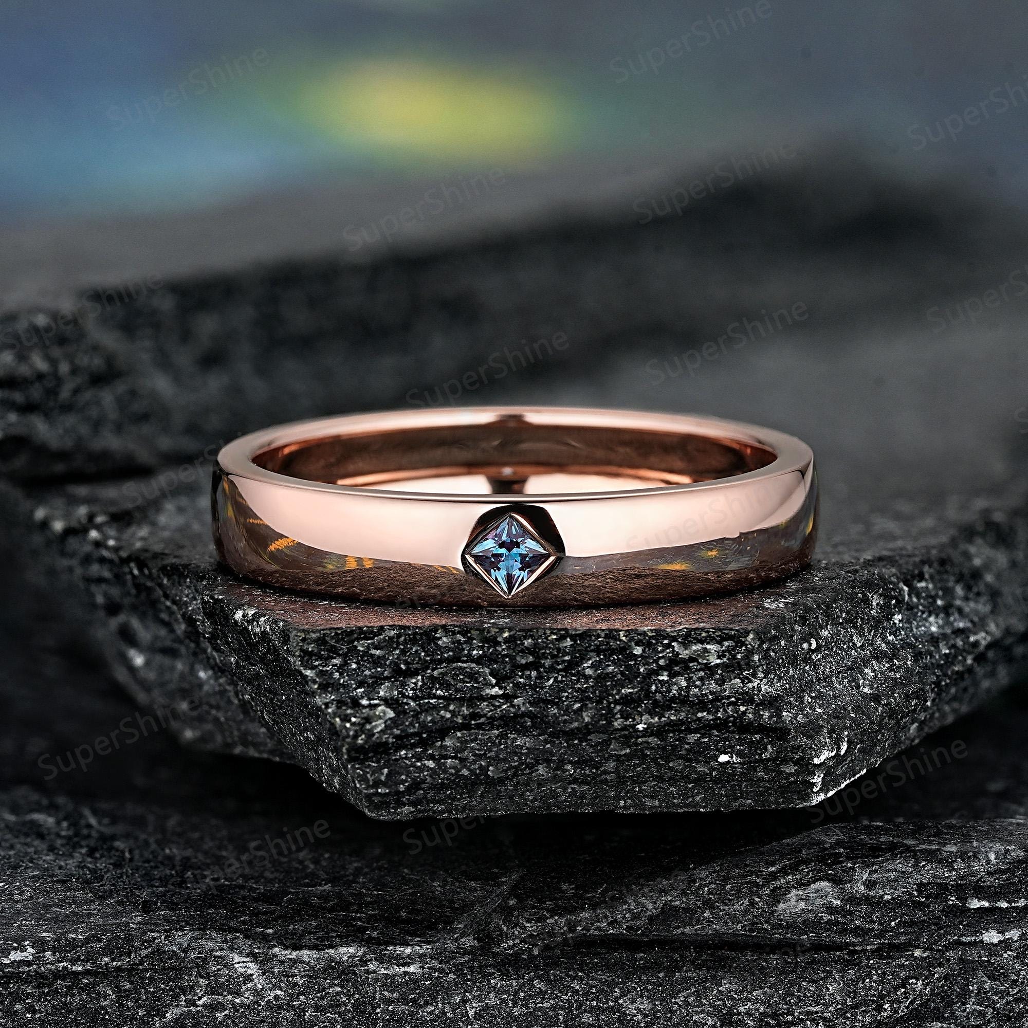 Vintage Alexandrite Couple Ring Set Solid Gold Anniversary Rings