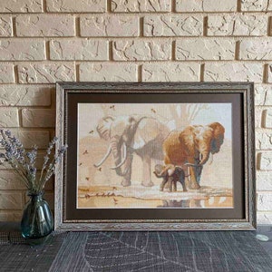 Embroidered picture in frame,   Finished cross stitch painting, Wall decor, Completed, elephants