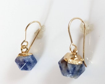 Blue Apatite hexagon gemstone hanging earrings with gold fill hooks