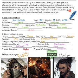 Peut inclure: Une feuille de création de personnage avec une description manuscrite d'un personnage nommé Armani VonCharles. Le personnage a 23 ans, est de sexe masculin et originaire du Soudan du Sud. La feuille comprend des informations sur l'apparence physique du personnage, notamment sa taille, son poids, la couleur de ses yeux, la couleur de ses cheveux et le teint de sa peau. La feuille comprend également des informations sur la personnalité du personnage, ses forces et ses faiblesses. La feuille comprend trois images de référence du personnage.