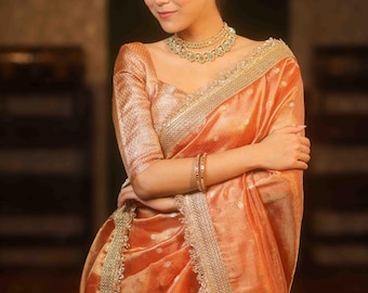 Elegant tissue silk saree with designer lace border wedding and party wear traditional saree