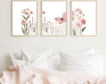Blush Pink Flower Wall Art with Butterfly – Set of 3 Vertical Prints | Digital Download | Watercolor Botanical Printables