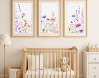 Floral Nursery Wall Art – Set of 3 Vertical Prints | Digital Download | Soft Watercolor Flowers in Purple, Pink & Yellow