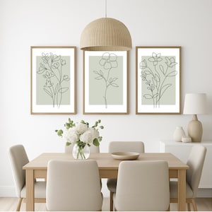 Minimalist Botanical Line Art Print Set – Sage Green Floral Wall Decor (Digital Download)