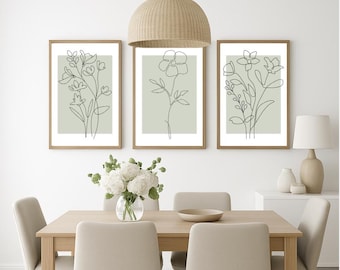 Minimalist Botanical Line Art Print Set – Sage Green Floral Wall Decor (Digital Download)
