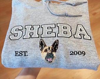 Custom Dog Face Cat Face Hoodie from Your Photo, Varsity Personalized Embroidered Hoodie with Dog Name, Est Hoodie, Dog Owner Gift