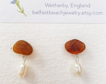 Dainty Golden Brown Pearl Drop Sea Glass Stud Earrings, Sterling Silver,  Unique Gift for Her, Upcycled, Artisan Handmade