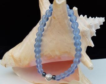 Ice Blue Sea Glass Inspired Beaded Stretch Bracelet, Silver Seashell Charm, Under 20 Dollars, Birthday Gift for Her, Artisan Handmade