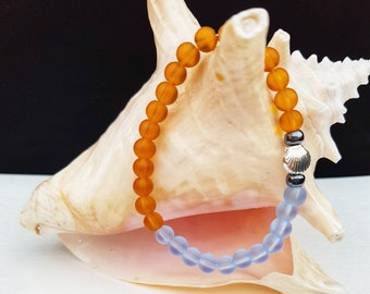 Blue and Orange Sea Glass Inspired Beaded Stretch Bracelet, Colorful Jewelry, Seashell Charm, Ocean Gift for Her, Under 20 Dollars