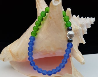 Blue and Green Sea Glass Inspired Beaded Stretch Bracelet, Colorful Jewelry, Silver Seashell Charm, Gift for Her, Surfer chic, Under 20