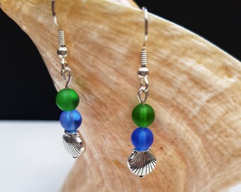 Blue and Green Sea Glass Inspired Drop Dangle Beaded Earrings, Silver Seashell Charm, 10 Pounds Gift for Her, Colorful Jewelry