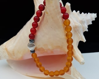 Orange and Red Sea Glass Inspired Beaded Stretch Bracelet, Silver Seashell Charm, Colorful Jewelry, Ocean Gift for Her, Under 20 Dollars