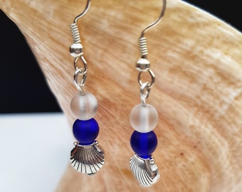 Blue and White Sea Glass Inspired Beaded Dangle Earrings, Silver Seashell Charm, Gift 10 Pounds, Ocean Present for Her, Small Gift