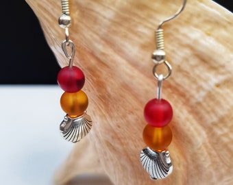 Red and Orange Sea Glass Inspired Drop Dangle Beaded Earrings, Silver Seashell Charm,  Gift for Her 10 Pounds, Artisan Handmade