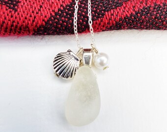 Sea Glass Pearl Charm Necklace, Pearlcore, Silver Sea Shell, Gift for Her, Upcycled, Handmade, Bridal Jewellery