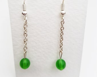 Emerald Green Sea Glass Inspired Dangle Drop Beaded Earrings, Long Silver Chain, Minimalist Jewelry, Under 10 Pounds, Birthday Gift for Her