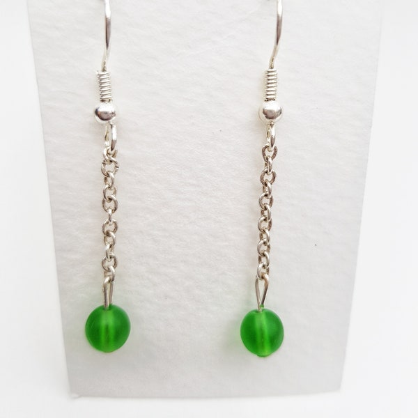 Emerald Green Sea Glass Inspired Dangle Drop Beaded Earrings, Long Silver Chain, Minimalist Jewelry, Under 10 Pounds, Birthday Gift for Her