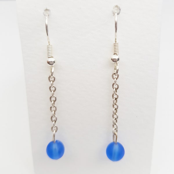 Ocean Blue Sea Glass Inspired Drop Dangle Beaded Earrings, Long Silver Chain, Minimalist Jewelry, Under 10 Pounds , September Birthstone