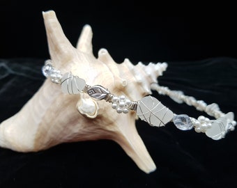 Crystal Pearl Silver Bridal Headpiece, Beach Wedding Tiara, Sea Glass Headband, Unique Mermaid Crown, Bridesmaid Hair, Upcycled, Artisan